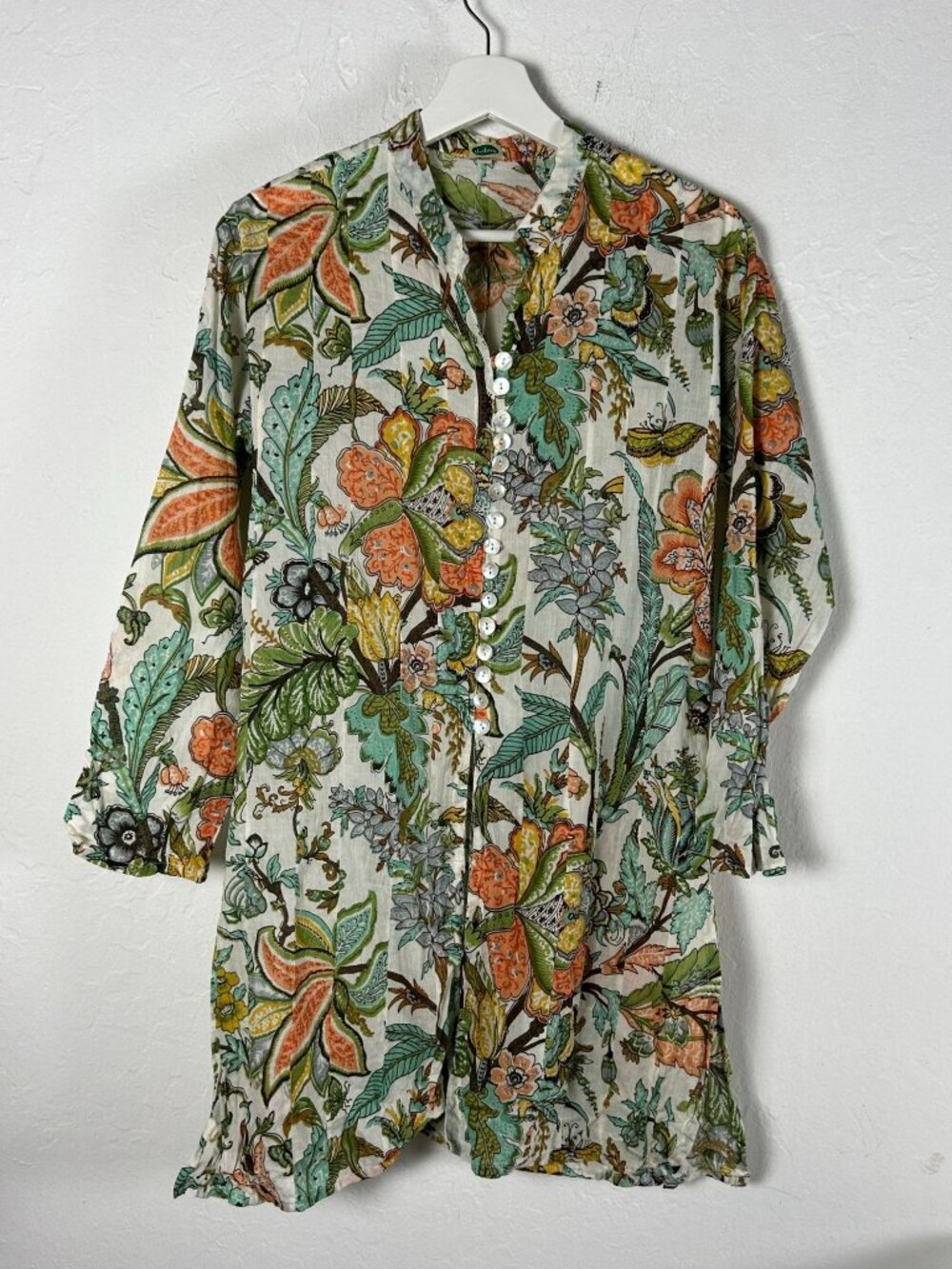 Dolma Women Floral Button-Down Cotton Tunic Green Orange Garden Print Boho Small